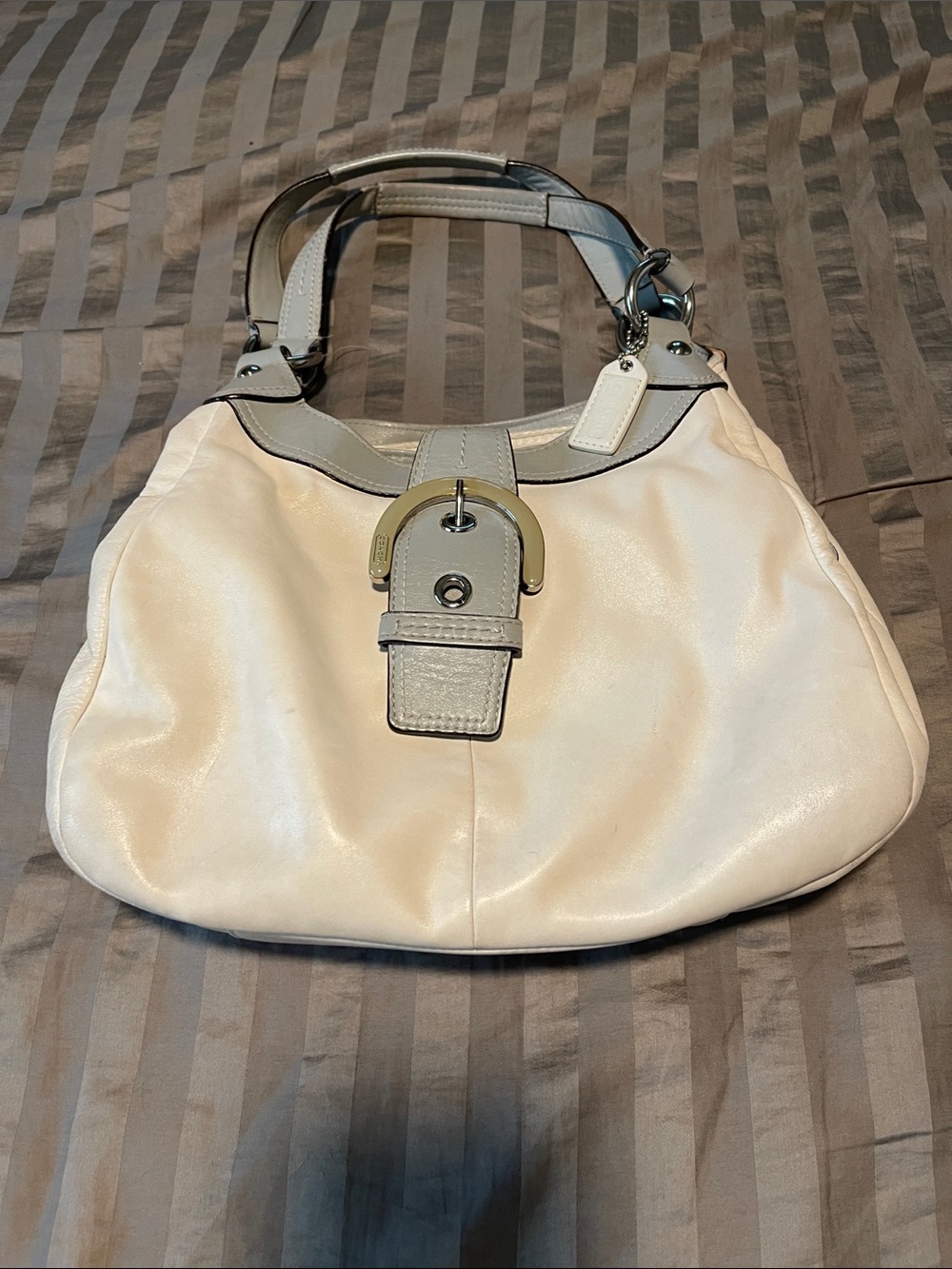 White and Light Gray Women's Coach Shoulder Bag with Buckle Accent